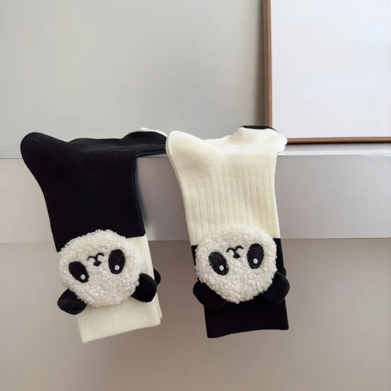 1 Pair Of Cartoon Panda Doll Decor Winter Crew Socks, Fashionable Cute Funny Warm Mid-tube Socks For Women & Girls