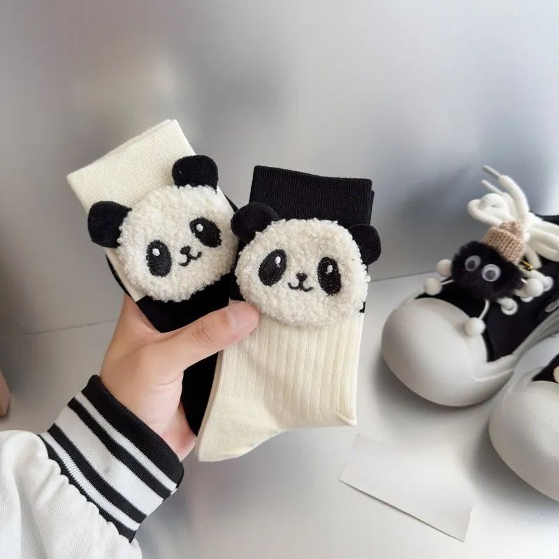 1 Pair Of Cartoon Panda Doll Decor Winter Crew Socks, Fashionable Cute Funny Warm Mid-tube Socks For Women & Girls