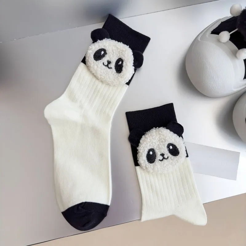 1 Pair Of Cartoon Panda Doll Decor Winter Crew Socks, Fashionable Cute Funny Warm Mid-tube Socks For Women & Girls