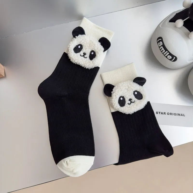 1 Pair Of Cartoon Panda Doll Decor Winter Crew Socks, Fashionable Cute Funny Warm Mid-tube Socks For Women & Girls