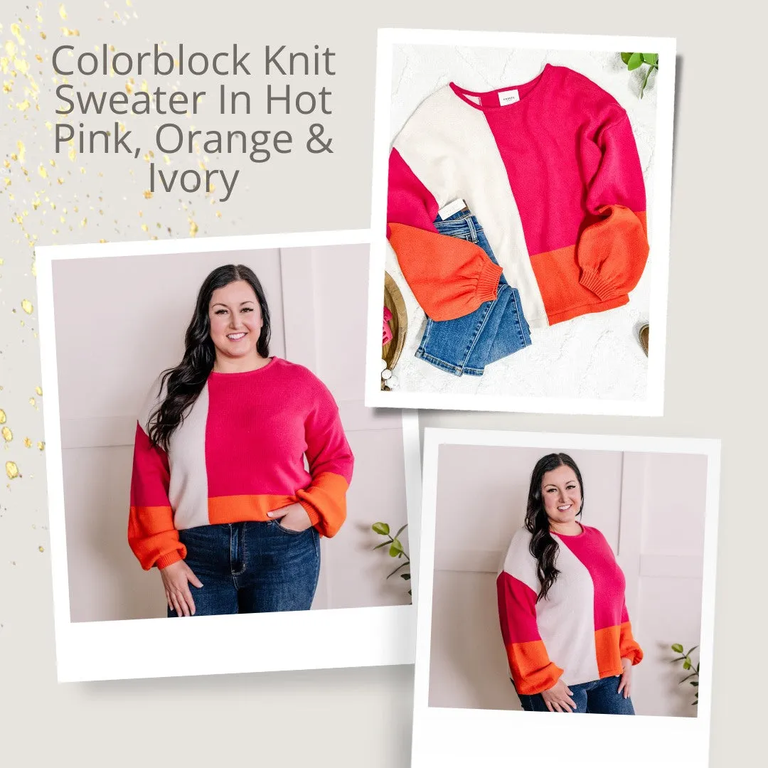 1.17 Colorblock Knit Sweater In Hot Pink, Orange & Ivory