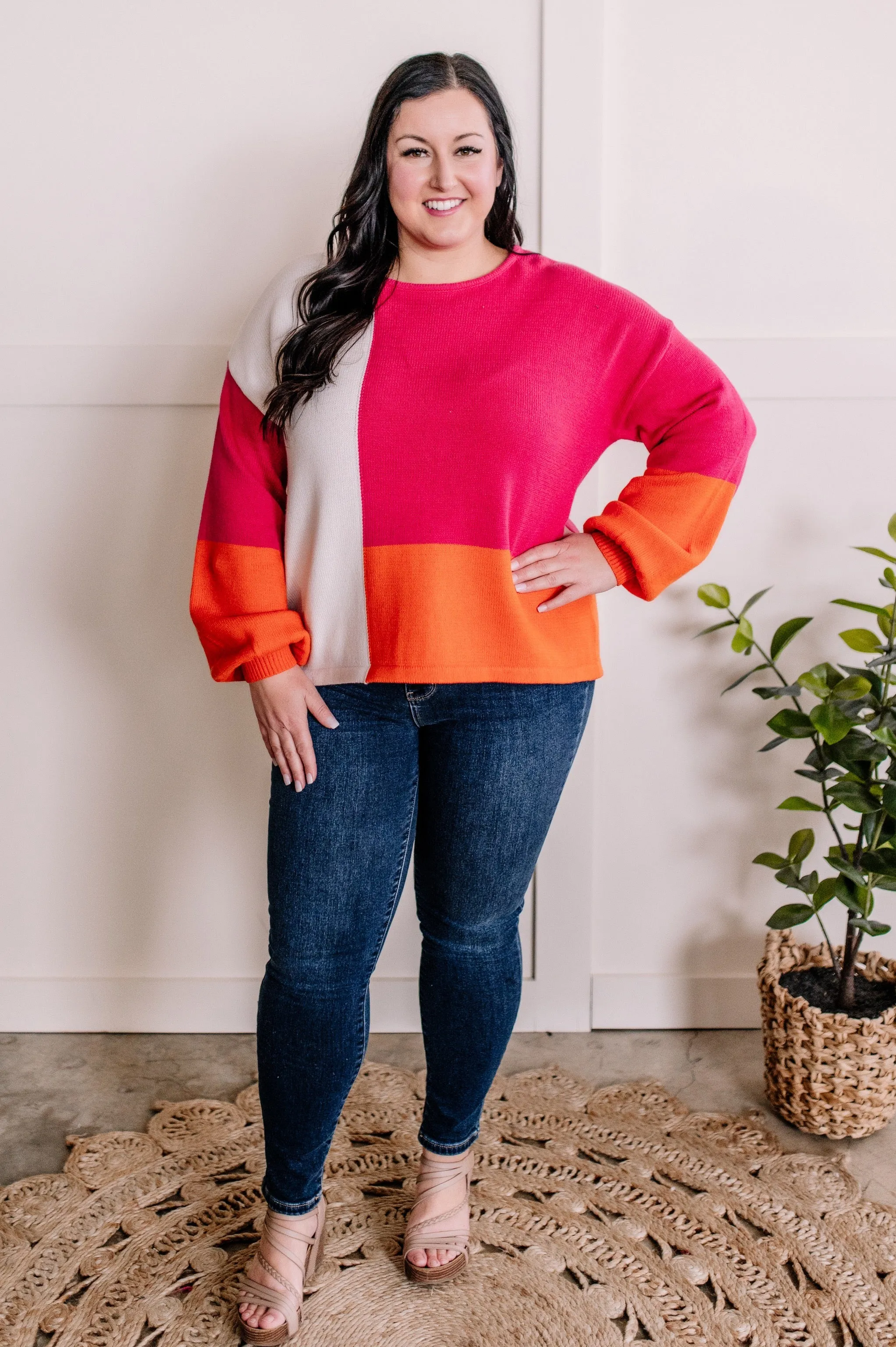 1.17 Colorblock Knit Sweater In Hot Pink, Orange & Ivory