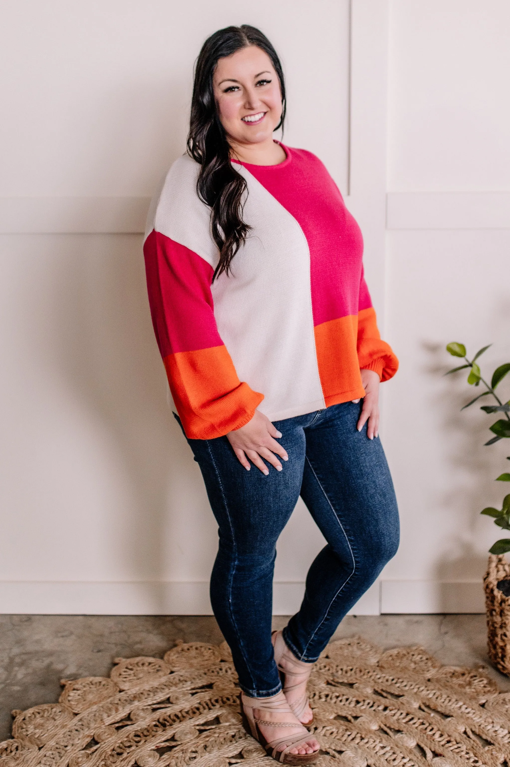 1.17 Colorblock Knit Sweater In Hot Pink, Orange & Ivory