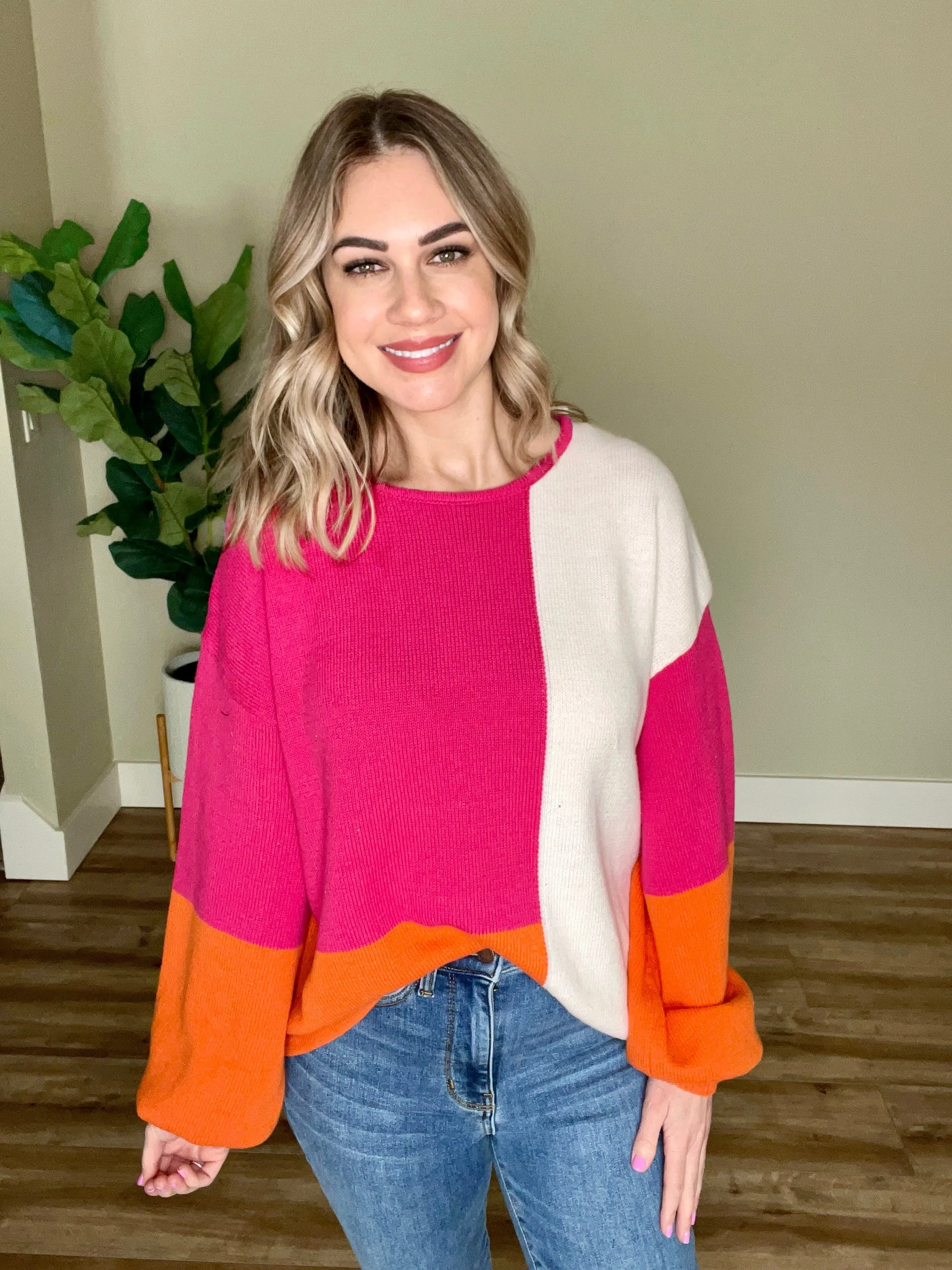 1.17 Colorblock Knit Sweater In Hot Pink, Orange & Ivory