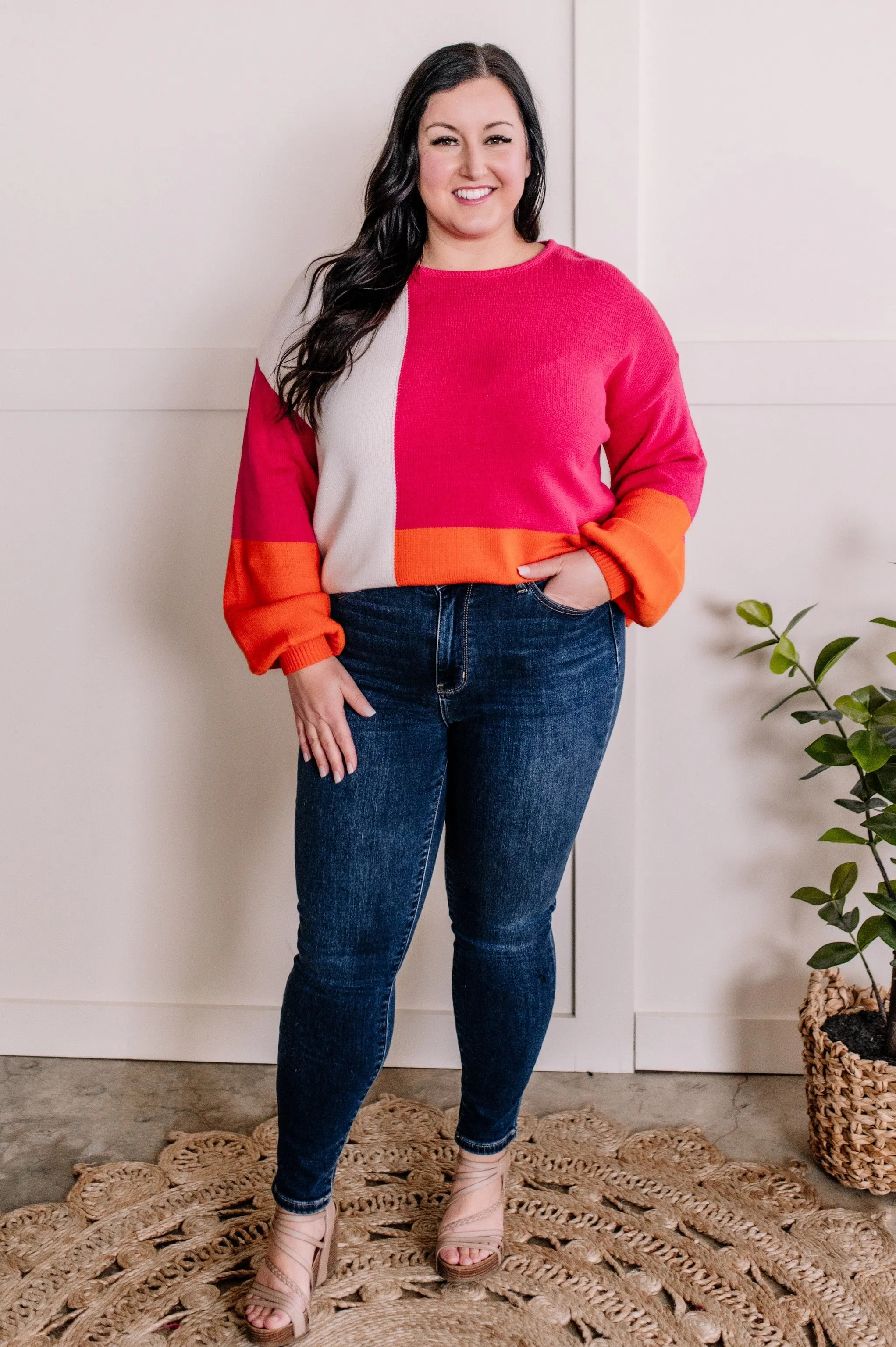 1.17 Colorblock Knit Sweater In Hot Pink, Orange & Ivory