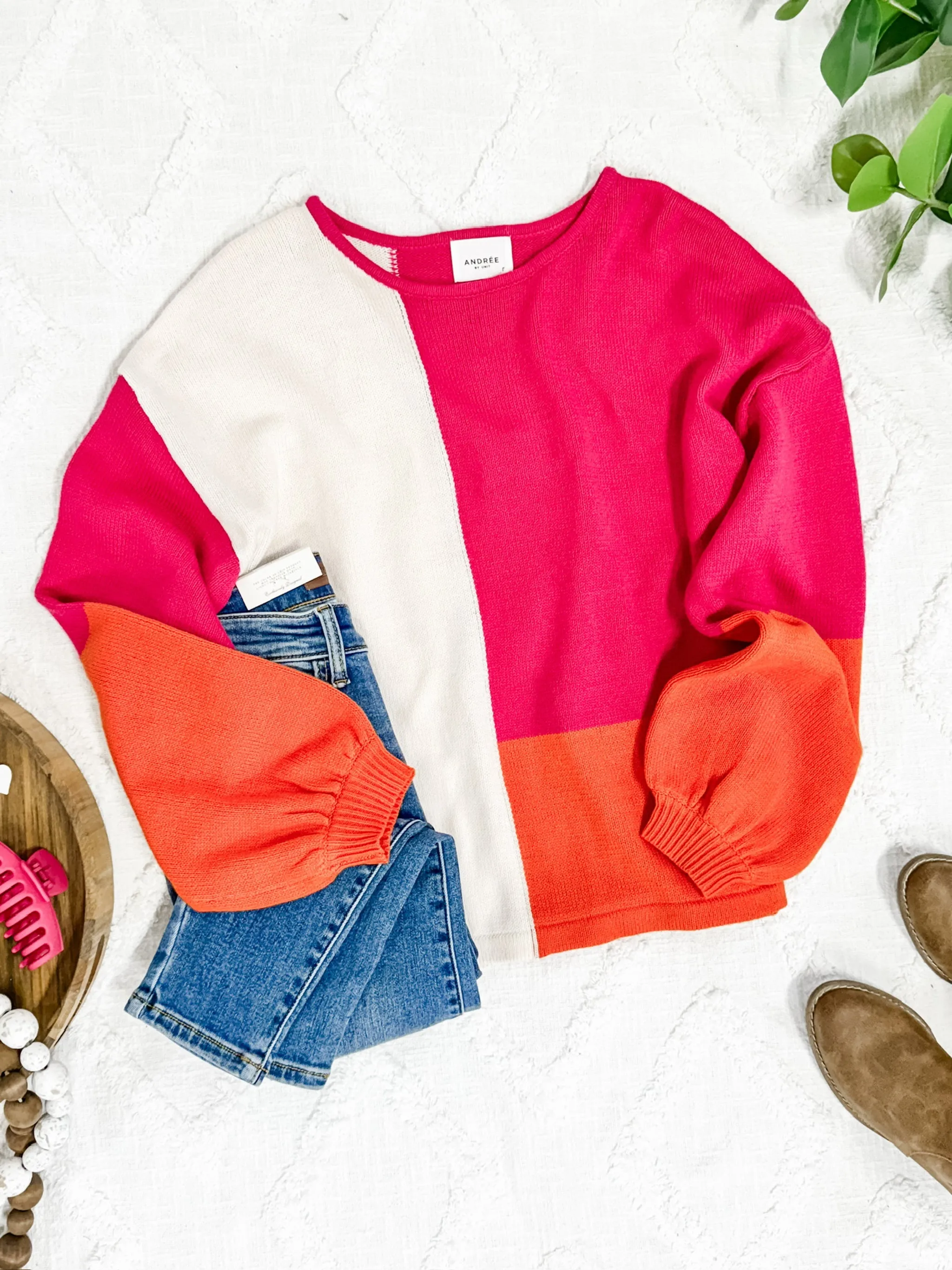 1.17 Colorblock Knit Sweater In Hot Pink, Orange & Ivory