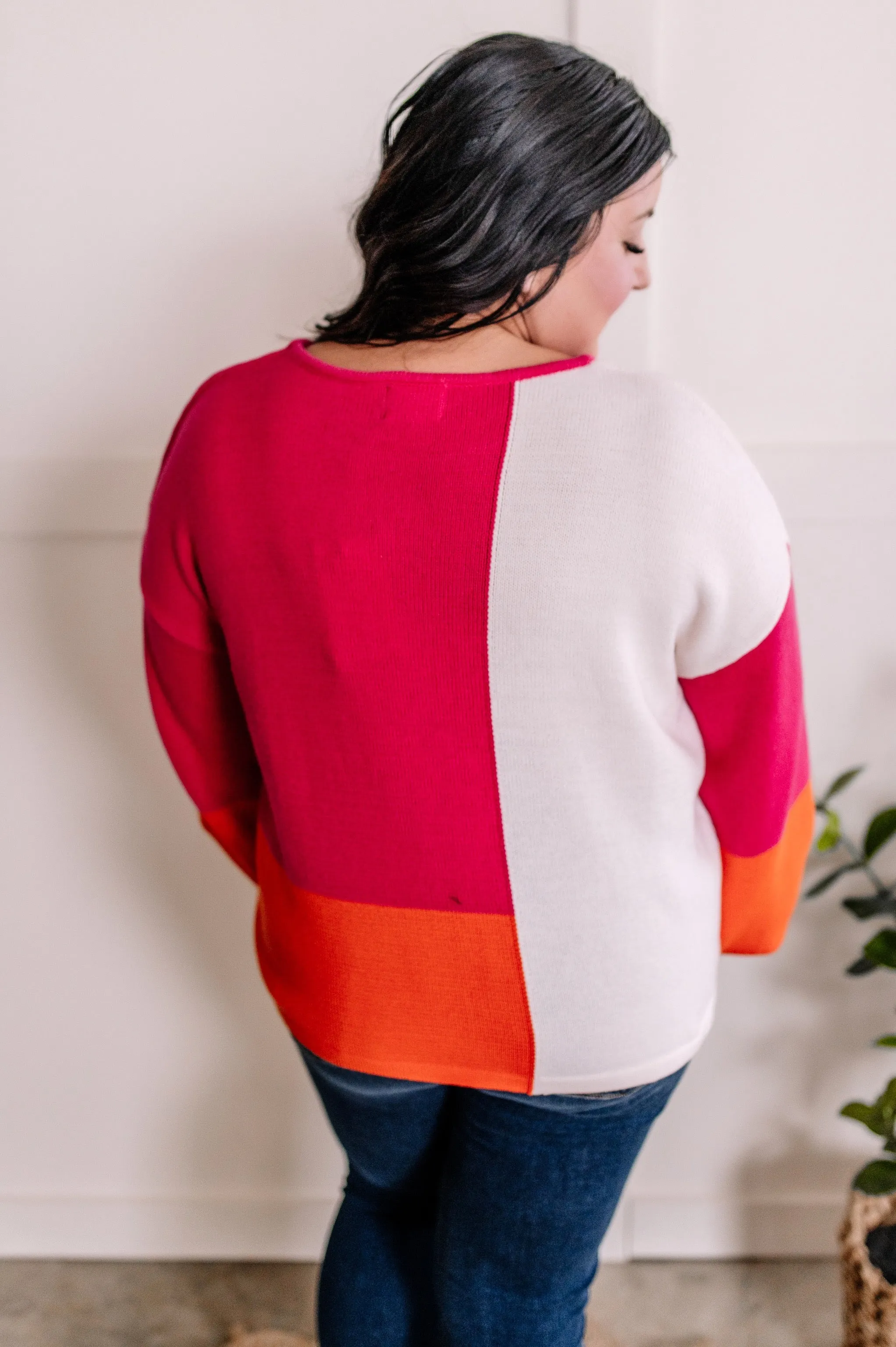 1.17 Colorblock Knit Sweater In Hot Pink, Orange & Ivory