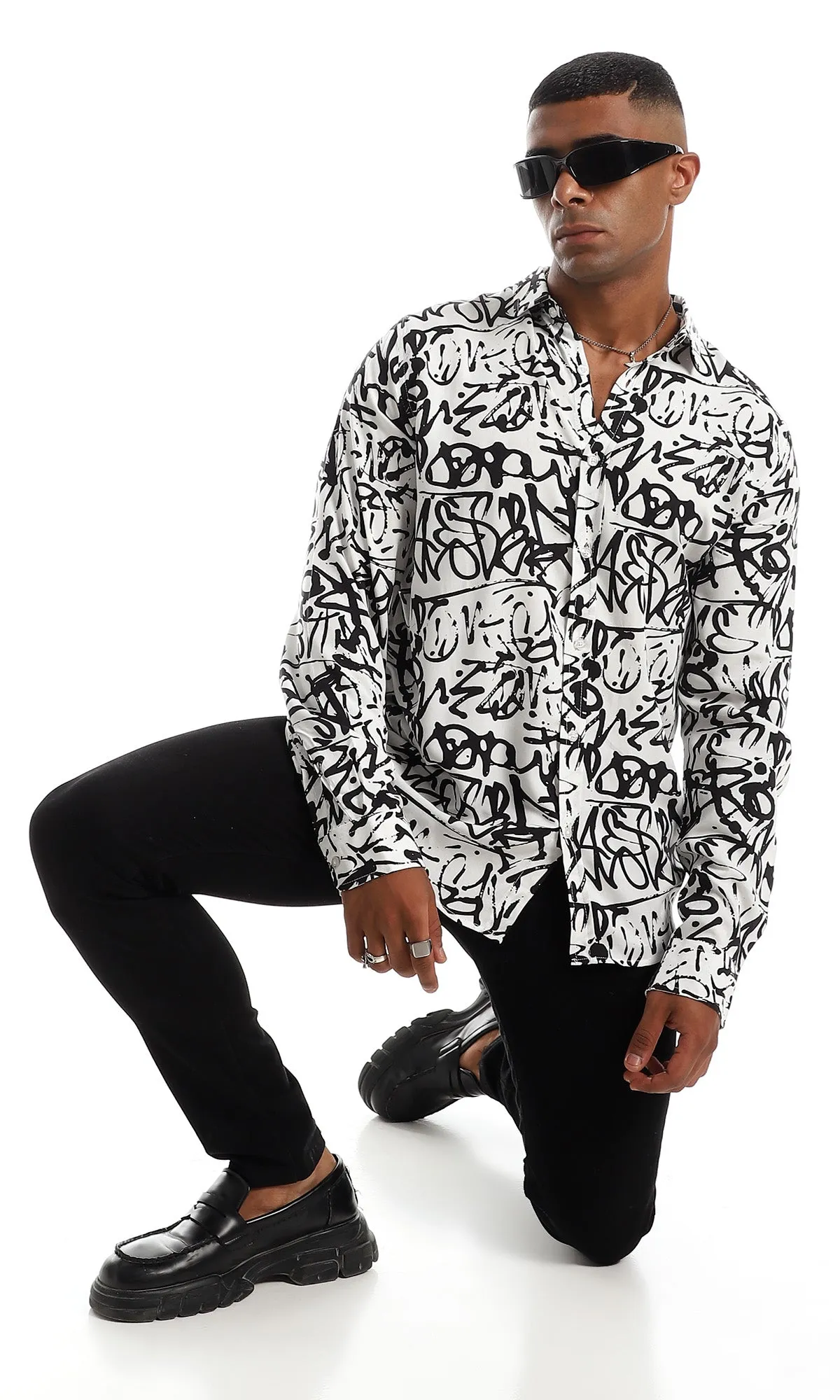 97834 Classic Collar Self Patterned Black & White Shirt