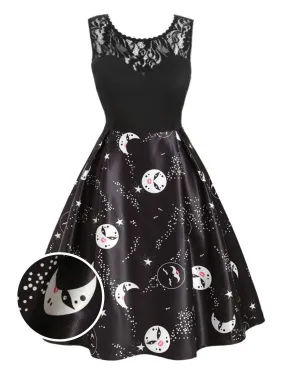 Black 1950s Moon Stars Swing Dress