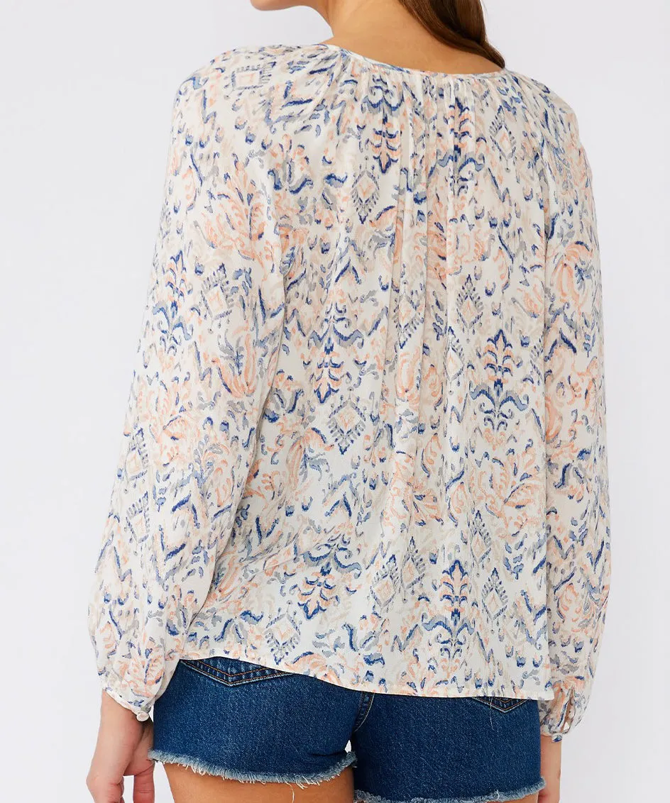 Boho Print Long Sleeve Blouse - Cream/Dusty Blue