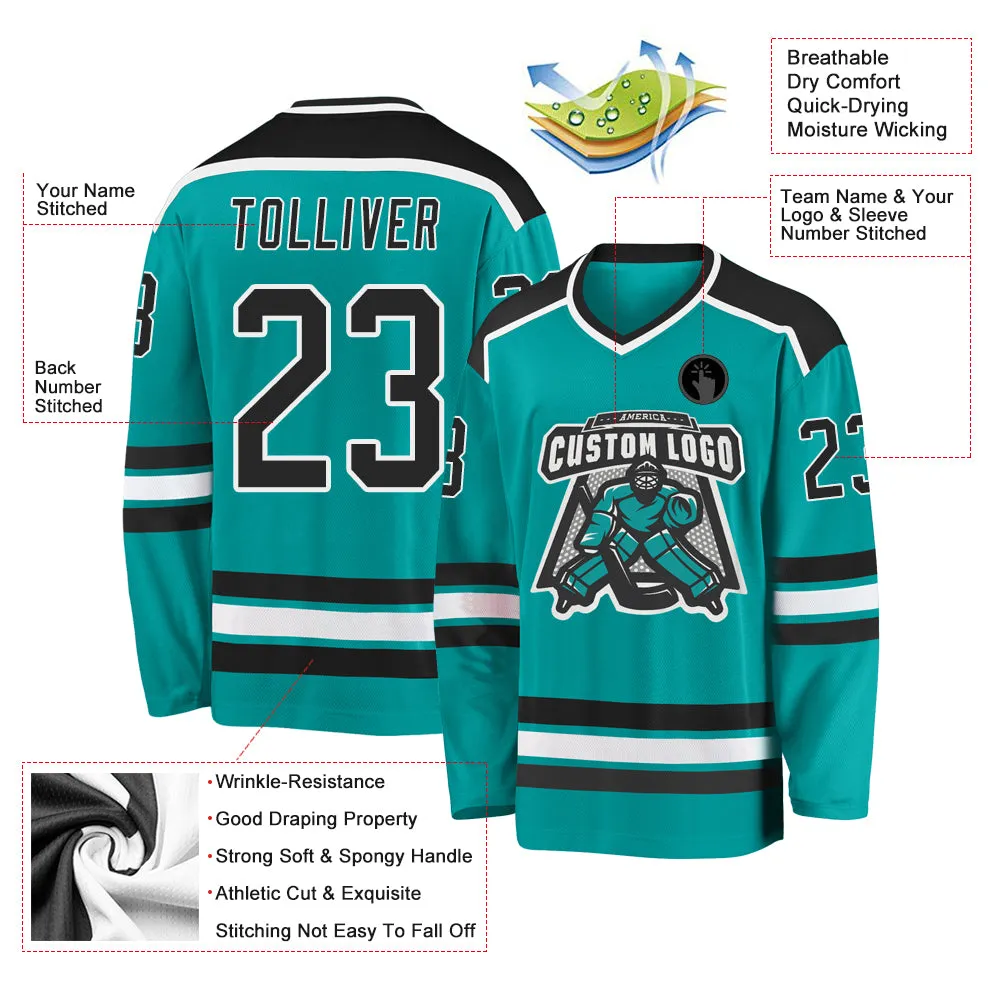 Custom Aqua Black-White Hockey Jersey