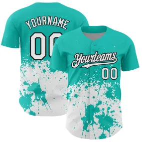 Custom Aqua White-Black 3D Pattern Design Abstract Splash Grunge Art Authentic Baseball Jersey