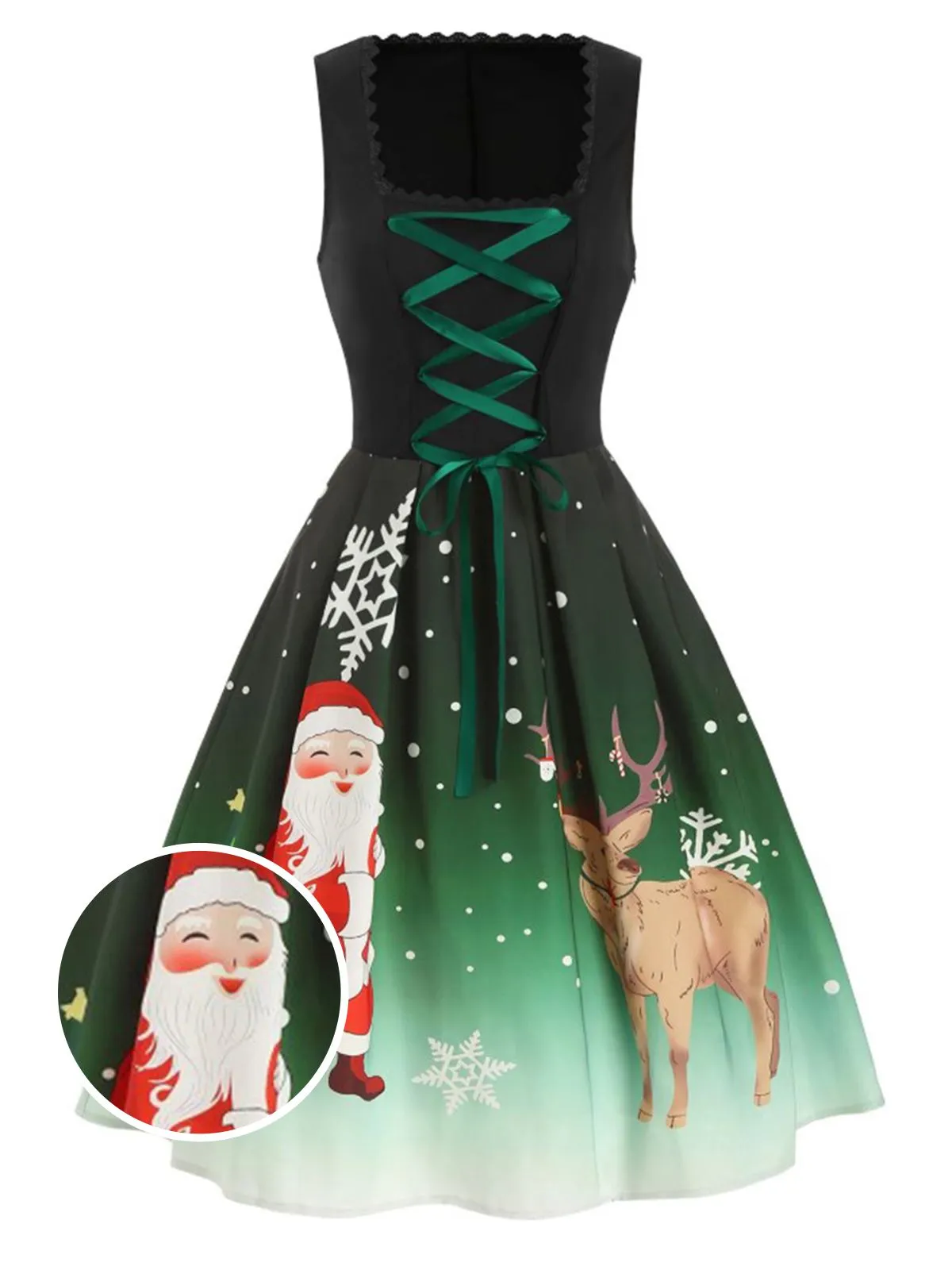 Dark Green 1950s Lace Up Christmas Dress