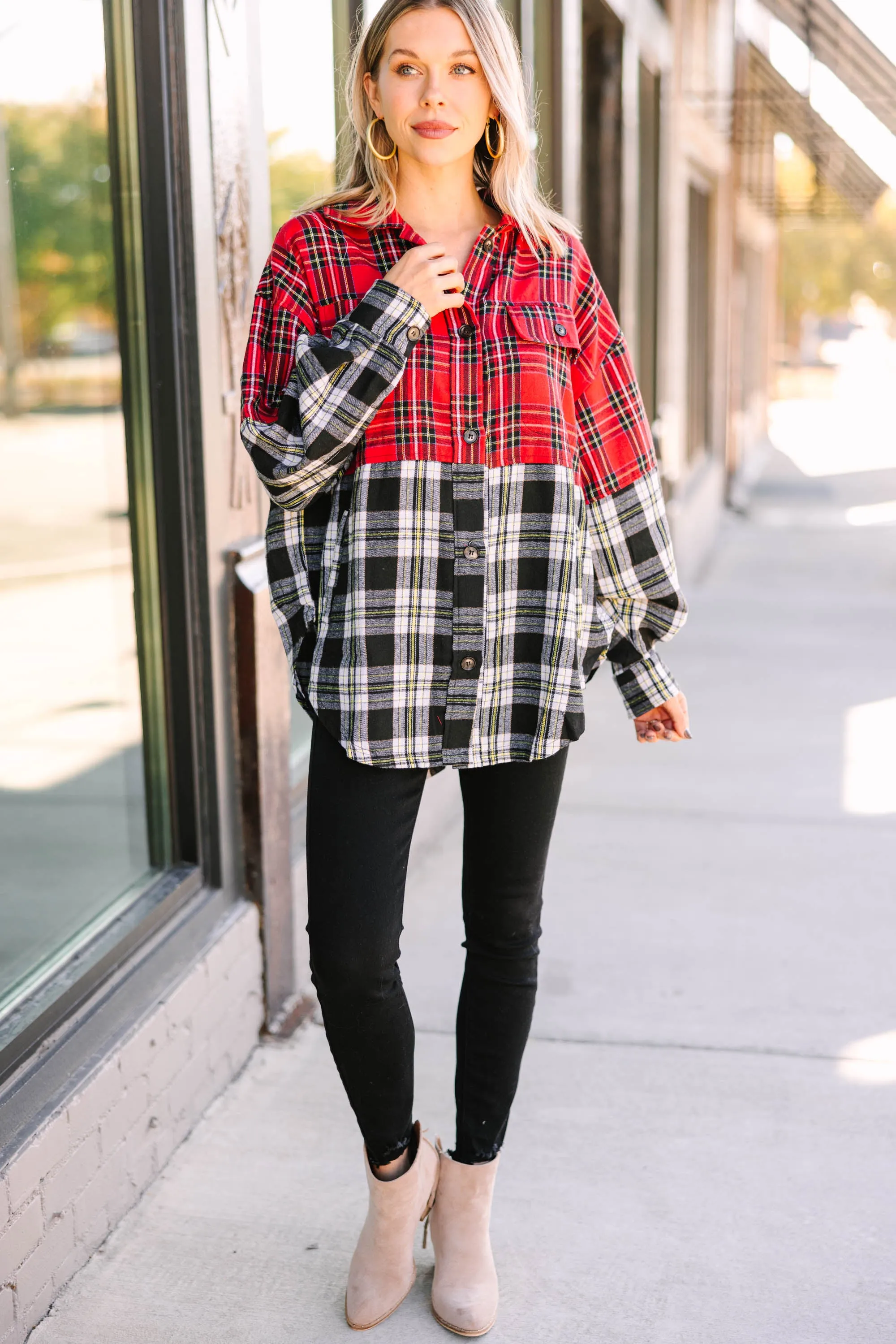 Do It All Red Black Plaid Button Down Top