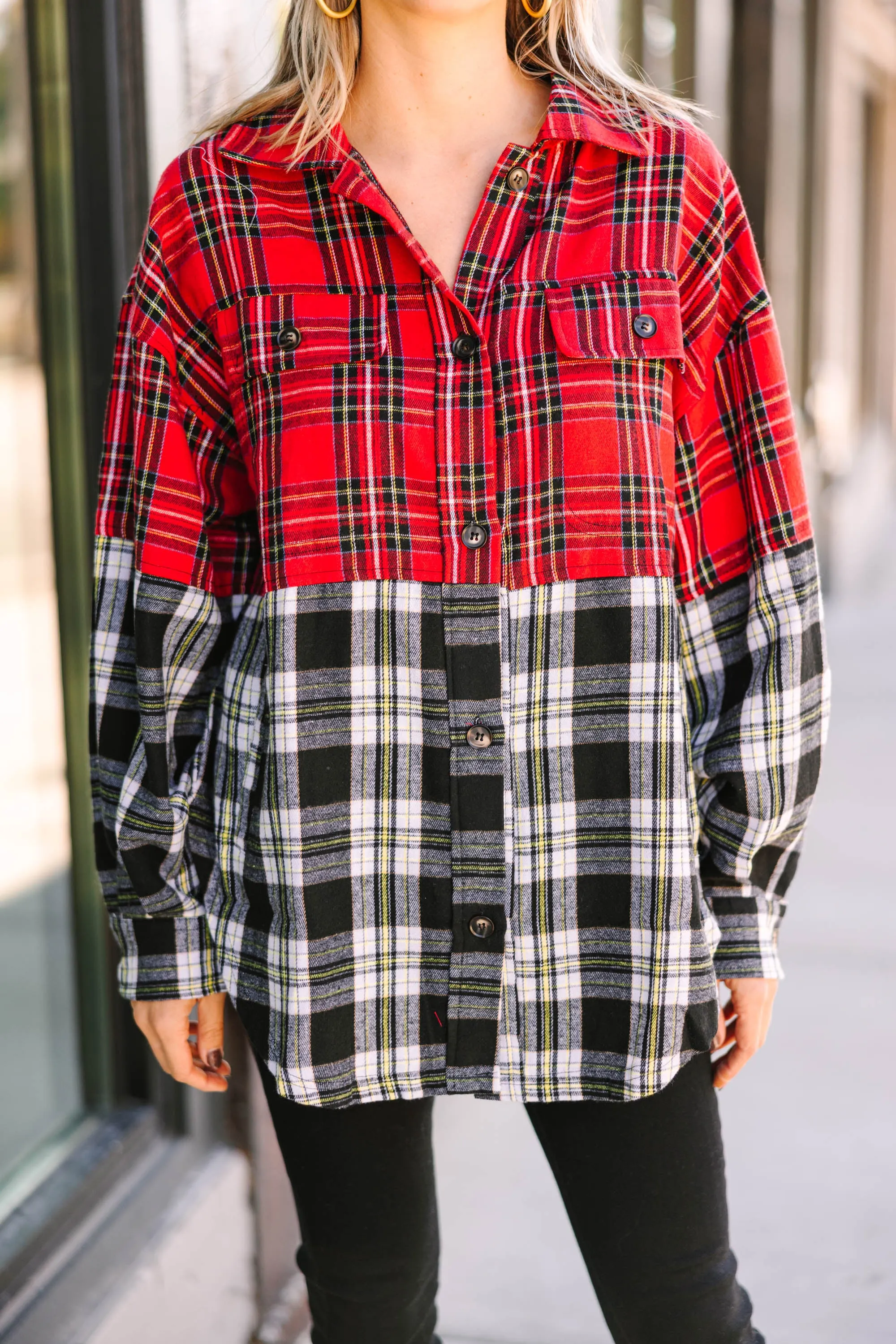 Do It All Red Black Plaid Button Down Top