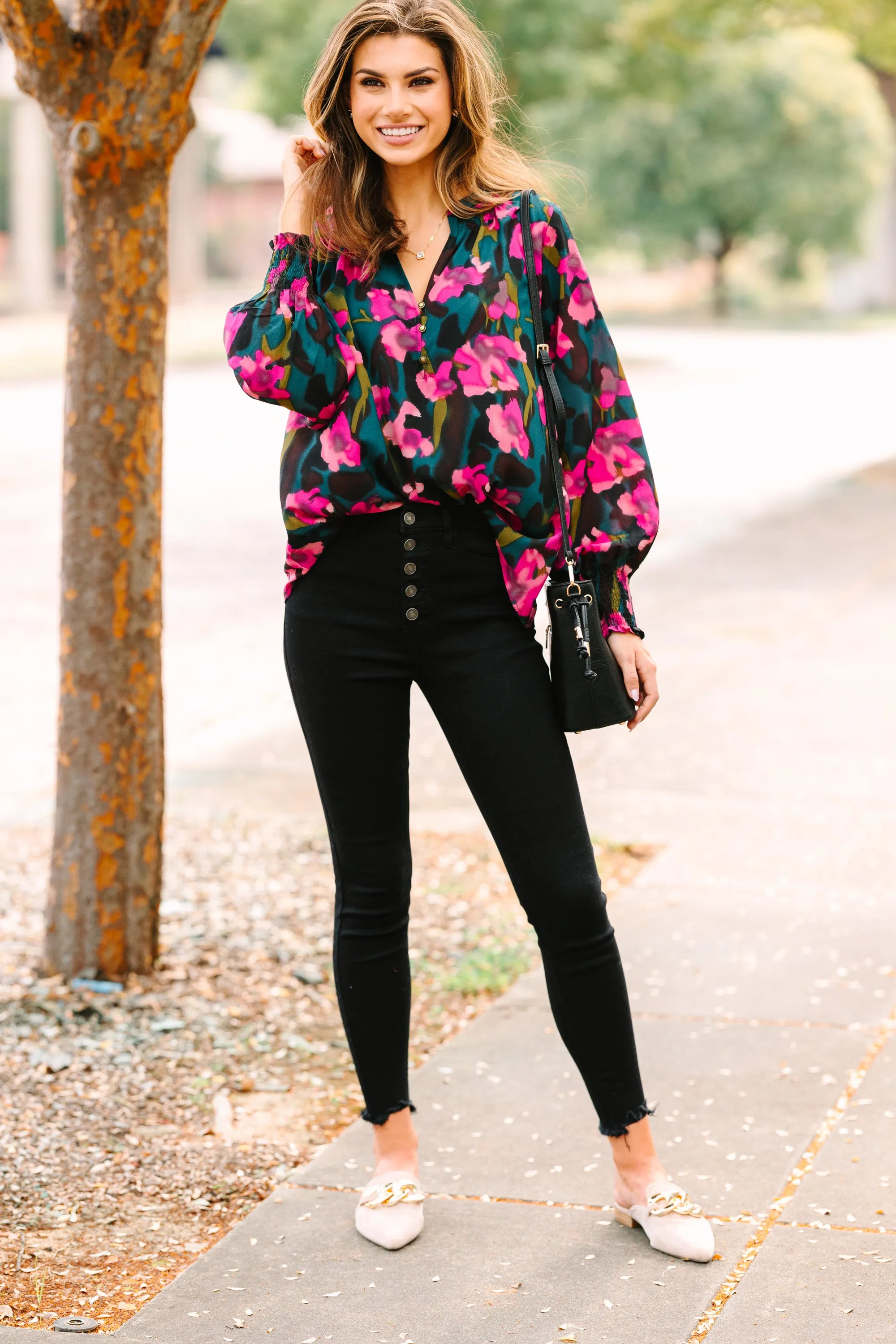 Get What You Need Hunter Green Floral Blouse