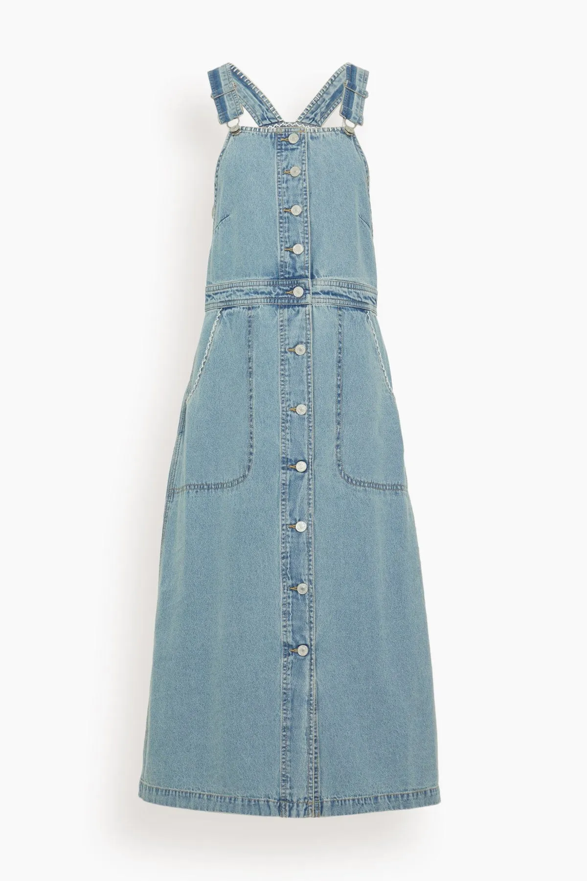 Marion Mended Denim Overall Dress in Blue