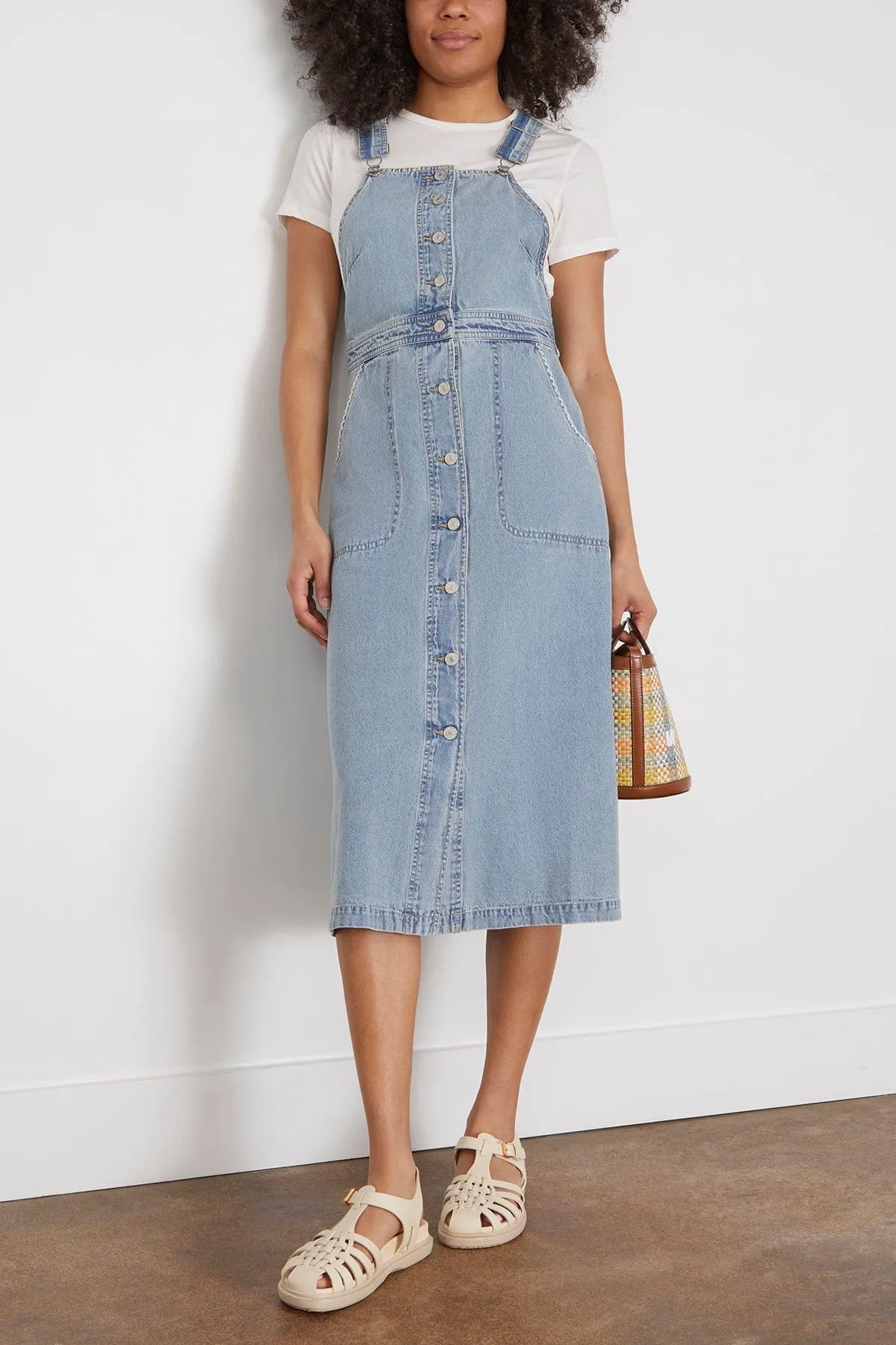 Marion Mended Denim Overall Dress in Blue