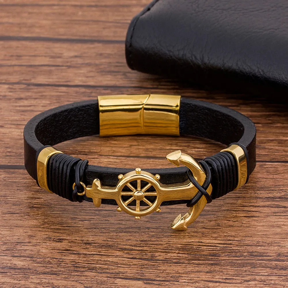 Men's Stainless Steel Leather Anchor Cross Bracelet