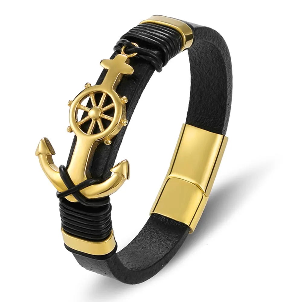 Men's Stainless Steel Leather Anchor Cross Bracelet