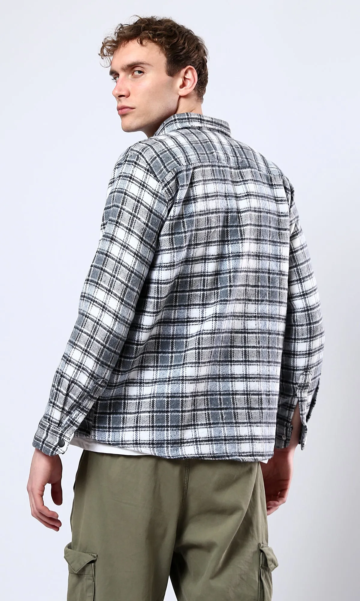 O180405 Plaids Dark Grey & White Buttoned Winter Shirt