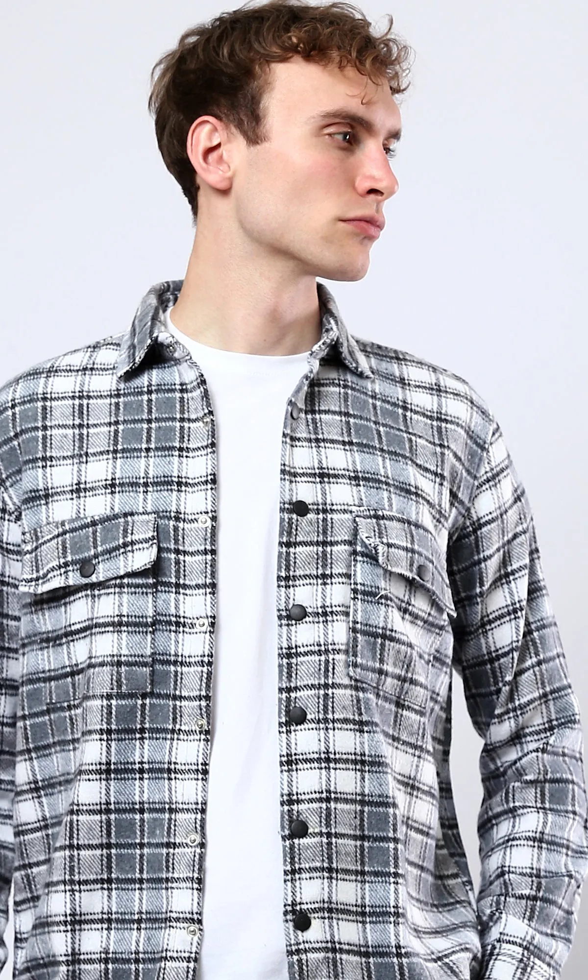 O180405 Plaids Dark Grey & White Buttoned Winter Shirt