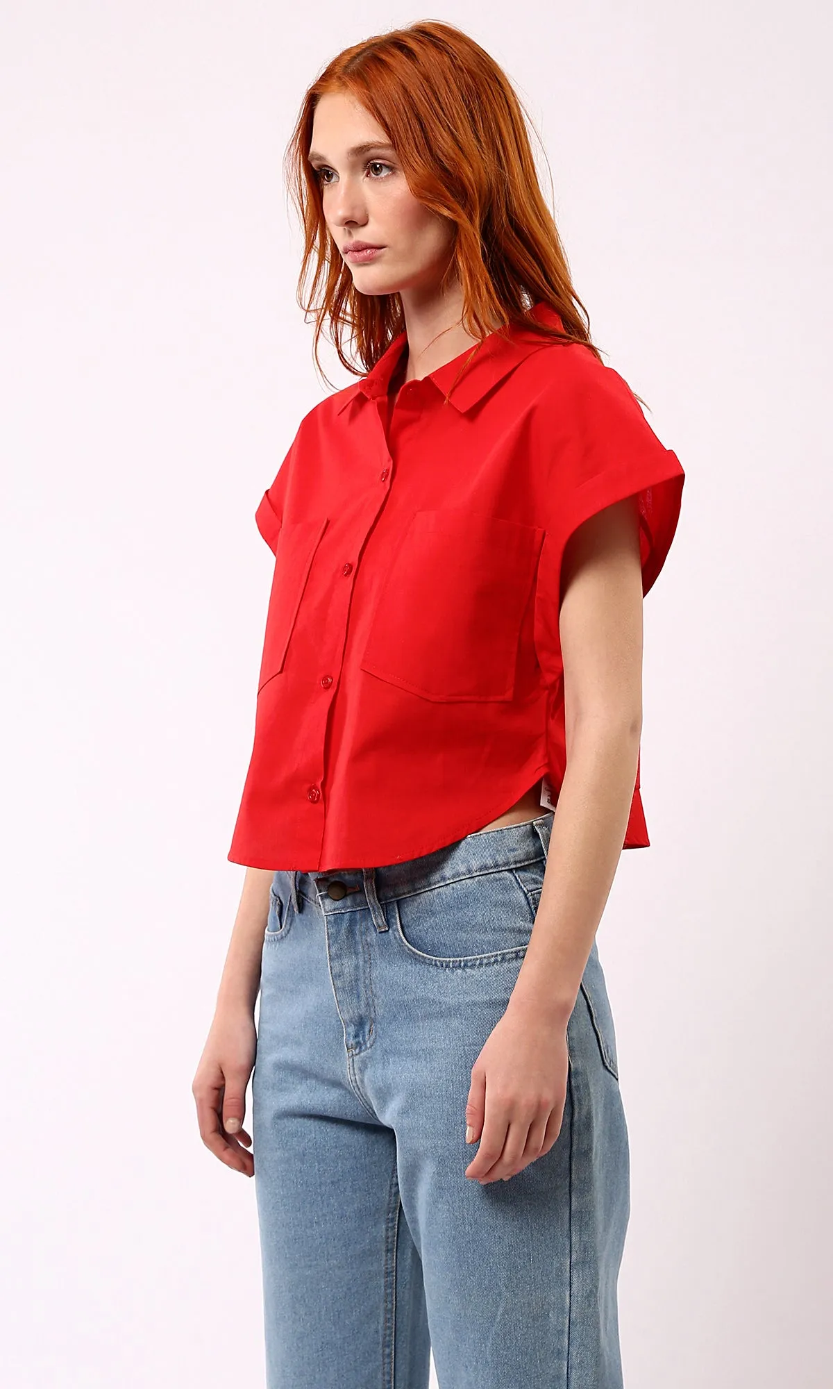 O181644 Solid Short Sleeves Casual Red Buttoned Shirt