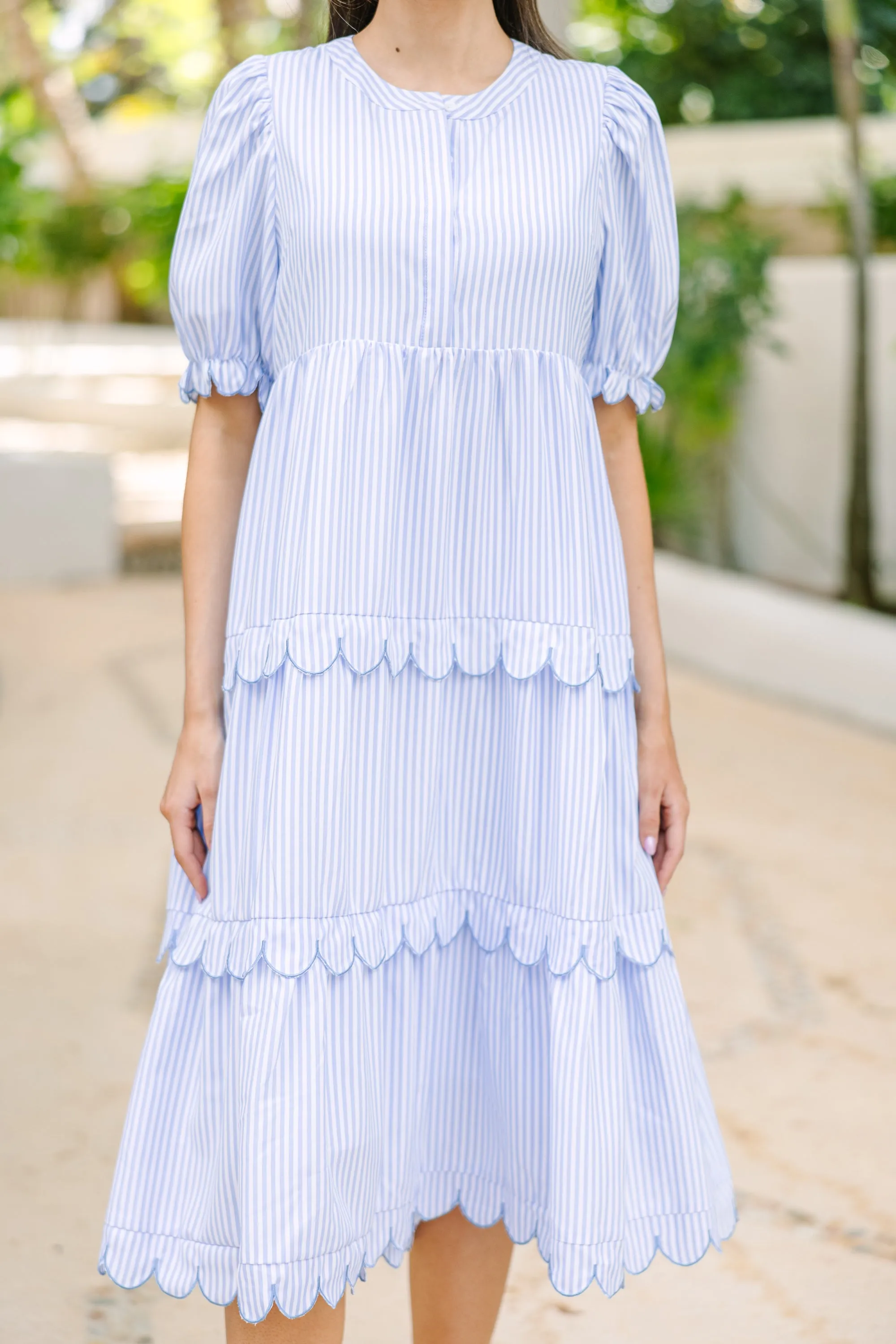 Perfectly Paired Light Blue Striped Midi Dress