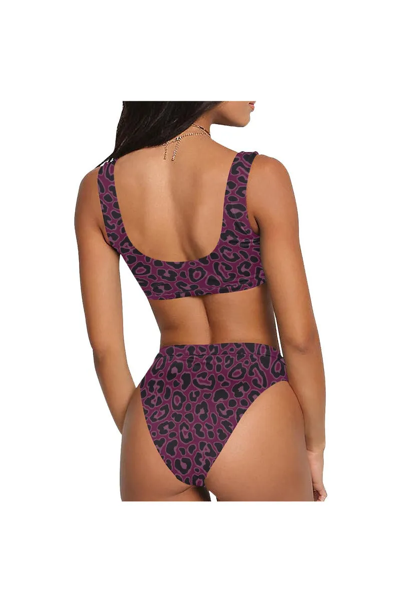 Plum Colored Leopard Print Sport Top & High-Waist Bikini Swimsuit