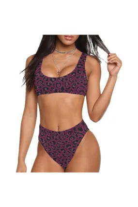 Plum Colored Leopard Print Sport Top & High-Waist Bikini Swimsuit