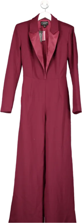 PrettyLittleThing Cherry Red Tailored Satin Lapel Straight Leg Jumpsuit UK 8