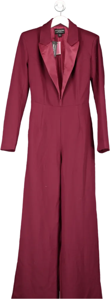 PrettyLittleThing Cherry Red Tailored Satin Lapel Straight Leg Jumpsuit UK 8