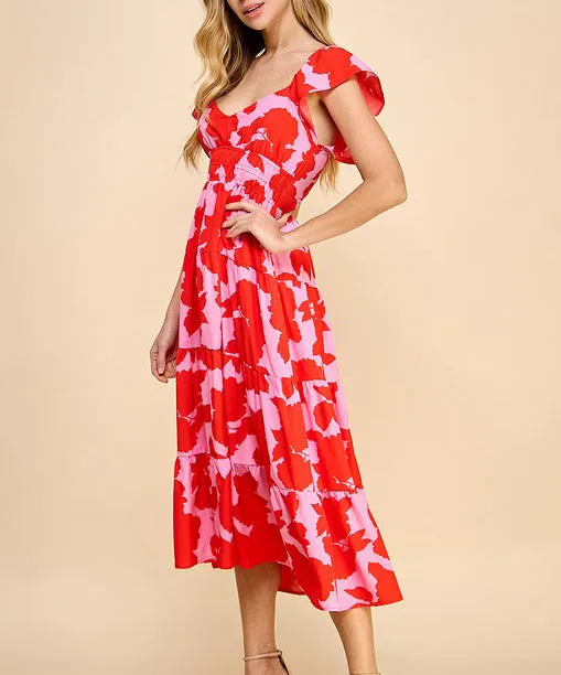 Printed Midi Dress - Red