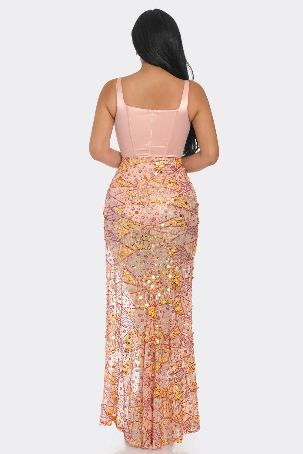 SATIN BUSTIER SEQUIN MAXI DRESS