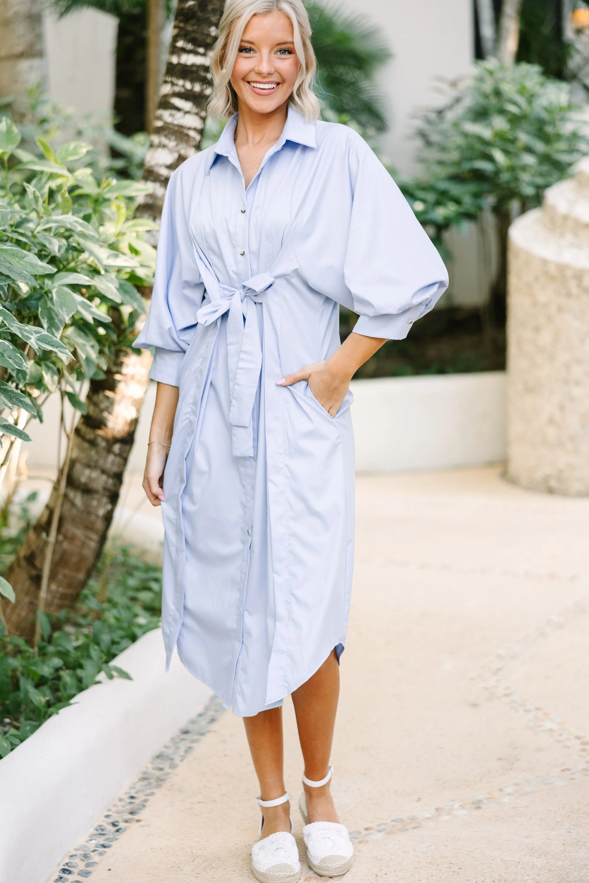 See You There Light Blue Button Down Midi Dress