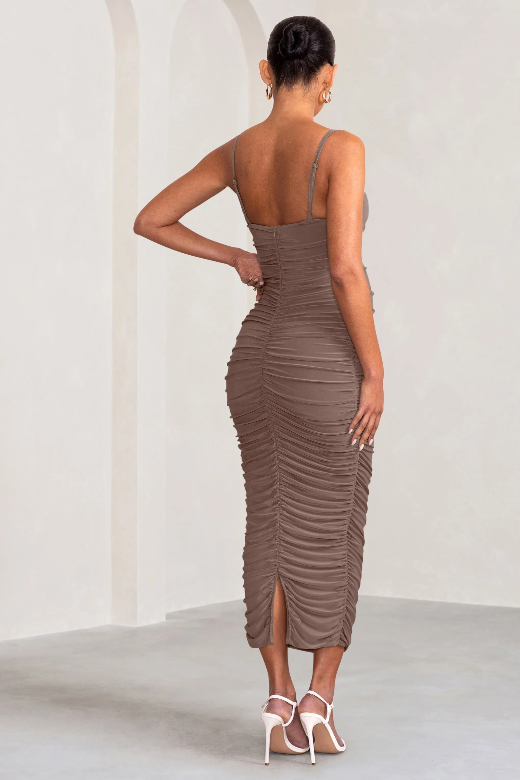 Sentimental | Mocha Maternity Midi Dress with Cami Straps and Ruching