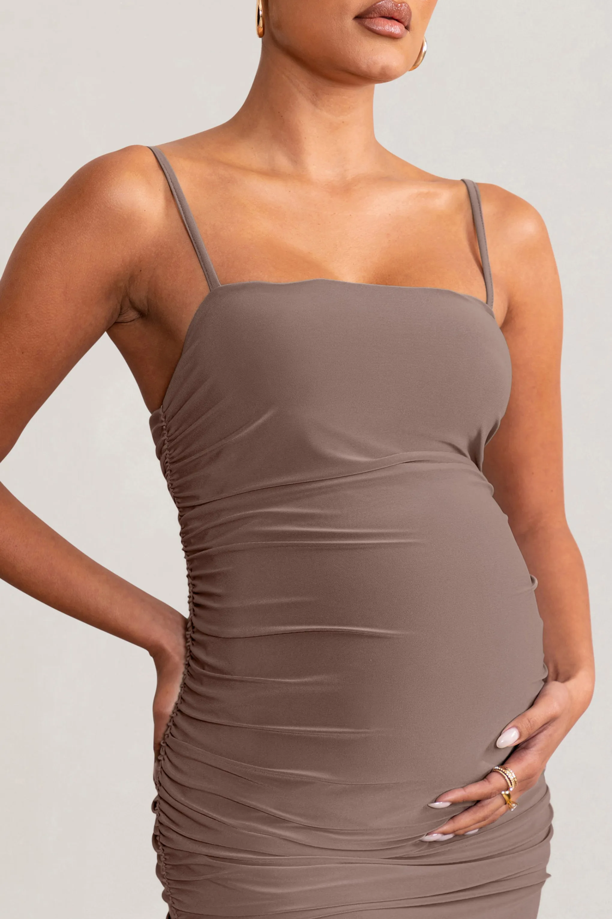 Sentimental | Mocha Maternity Midi Dress with Cami Straps and Ruching