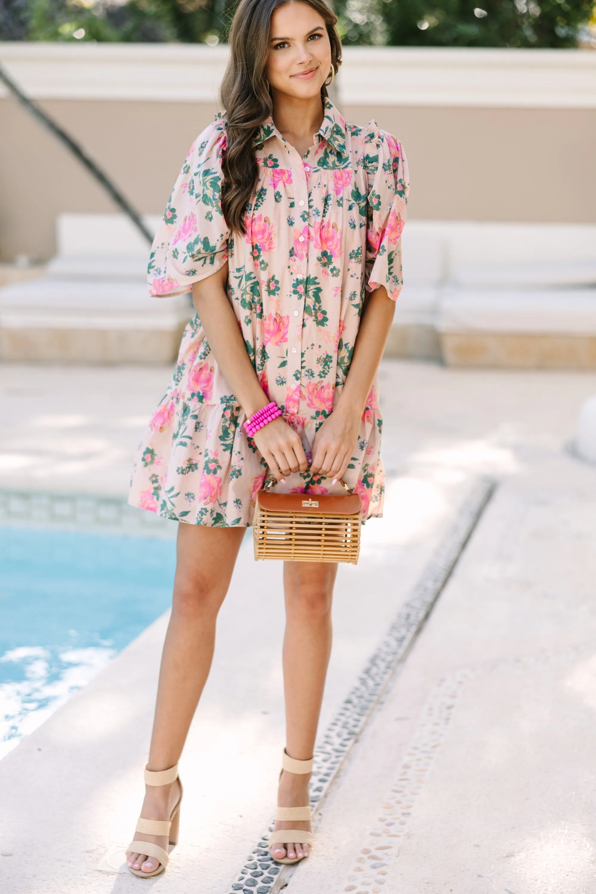 Sweet Sundays Peach Pink Floral Babydoll Dress