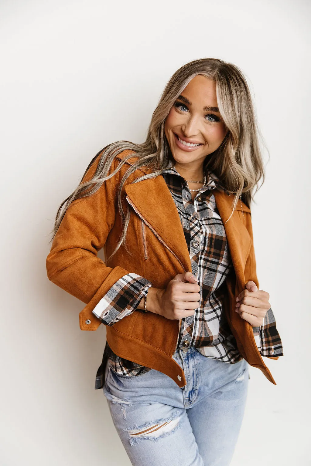 Vegan Suede Leather Moto Jacket- Camel