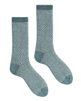 Women's Geometric Diamond Wool Cashmere Crew Socks (Mineral)