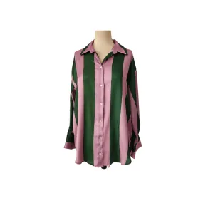 ZARA Green and Purple Striped Satin Collared Shirt | Pre Loved |